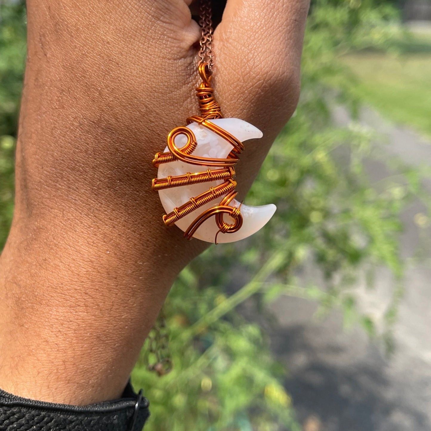 Flower Agate Moon Pendants