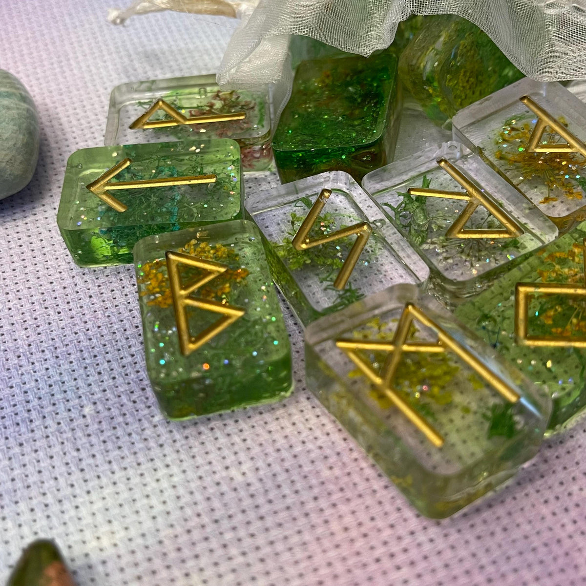 Elder Futhark Green Floral Resin Runes Set