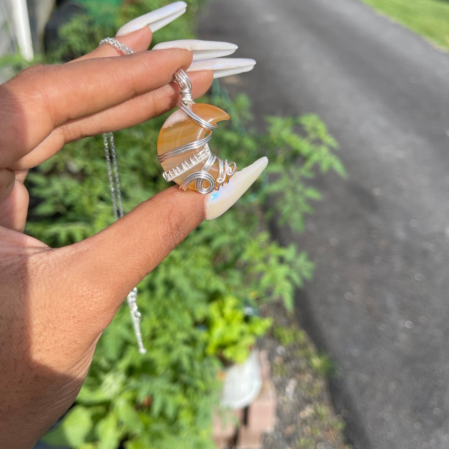 Flower Agate Moon Pendants