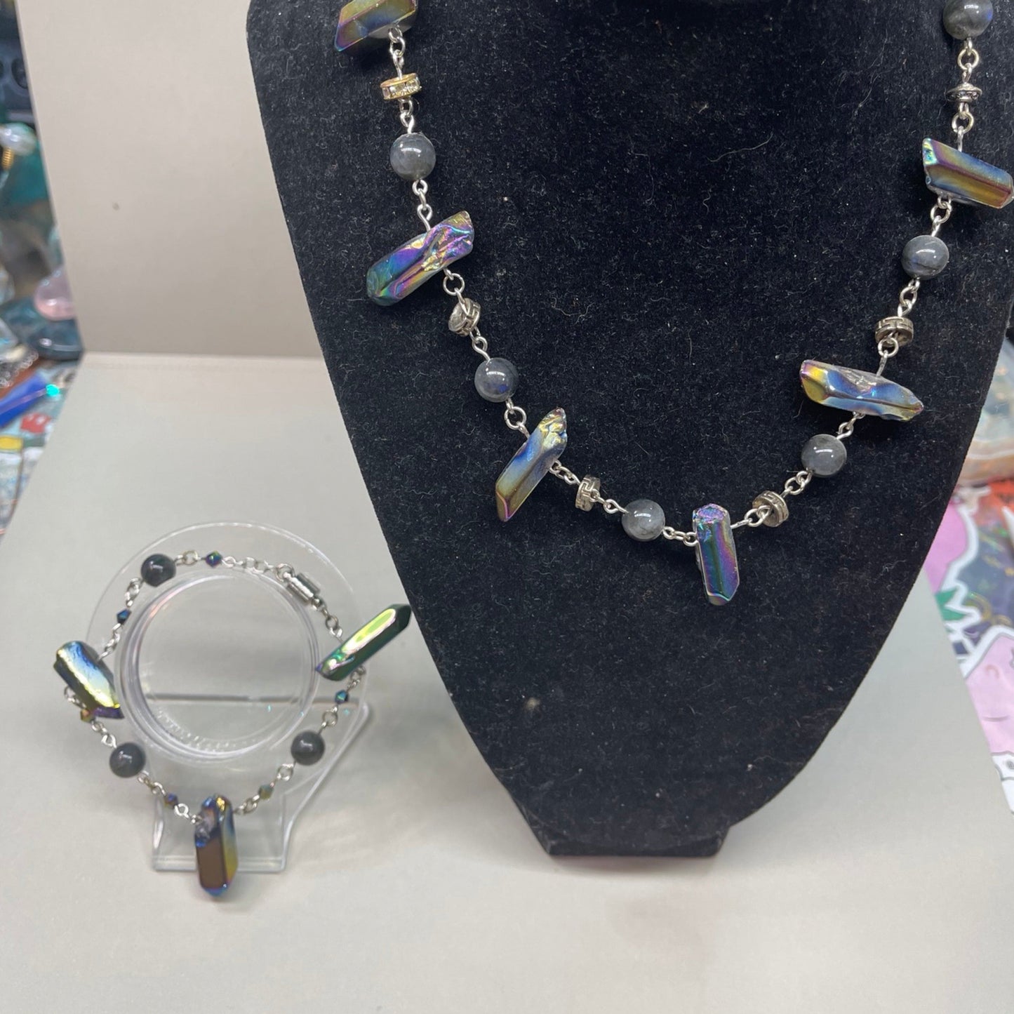 Rainbow Aura Quartz x Grey Moonstone Beaded Bracelet & Choker Set