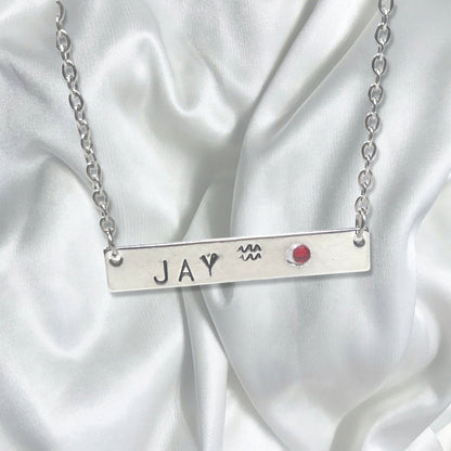 Personalized Metal Stamp Initial Name Bar Necklace- Zodiac Gift for Him Rose Gold Silver Bar Pendants Gift for Her Valentines Day Birthstone