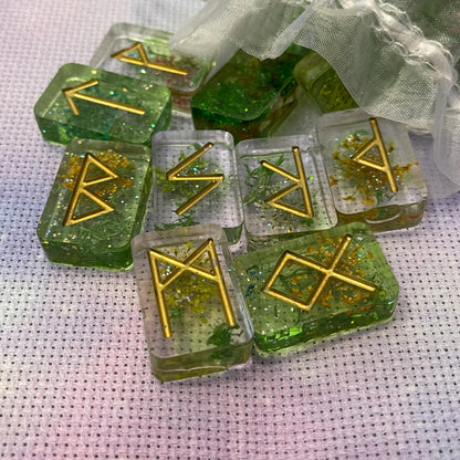 Elder Futhark Green Floral Resin Runes Set
