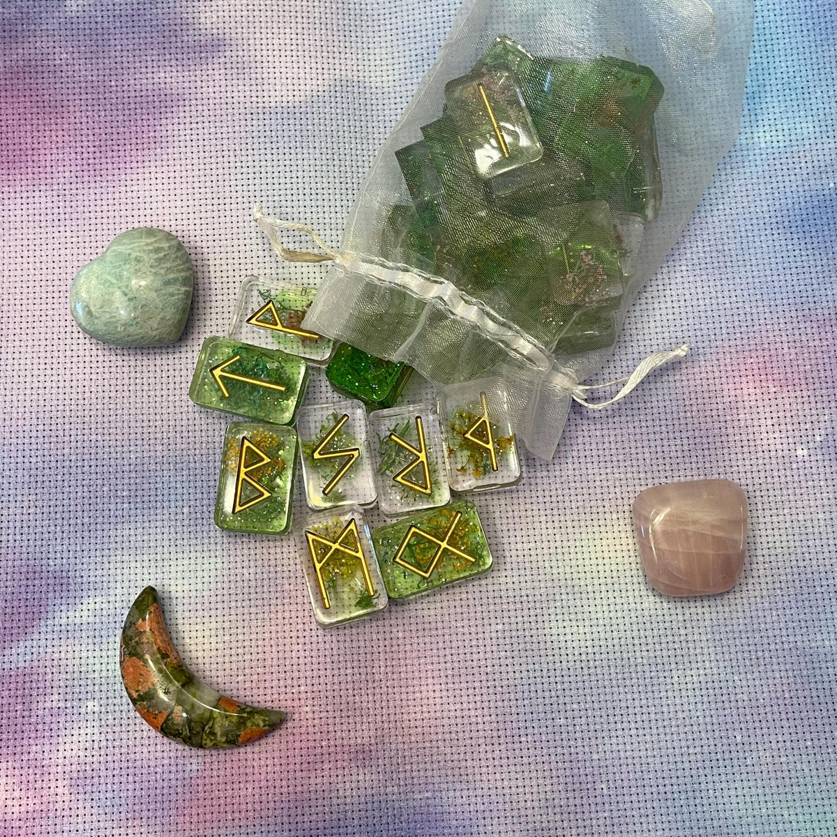 Elder Futhark Green Floral Resin Runes Set