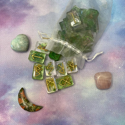 Elder Futhark Green Floral Resin Runes Set