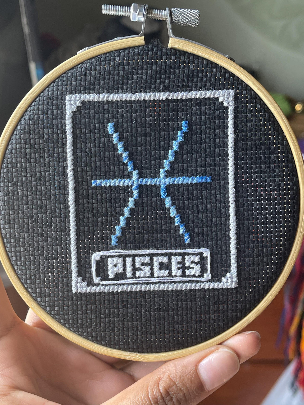Pisces Zodiac Cross Stitch Wall Hanging: Hand Stitched Home Decor