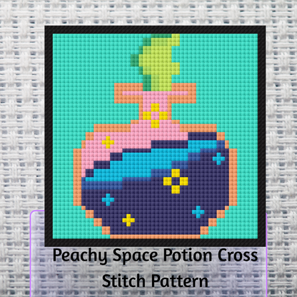 Cross stitch pattern of a peachy space potion with a teal background