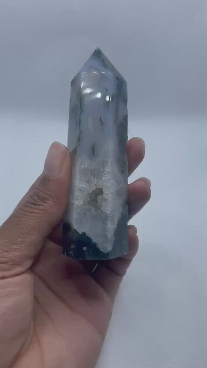 Moss Agate Crystal Wand Point: Healing Obelisk, Spiritual Decor