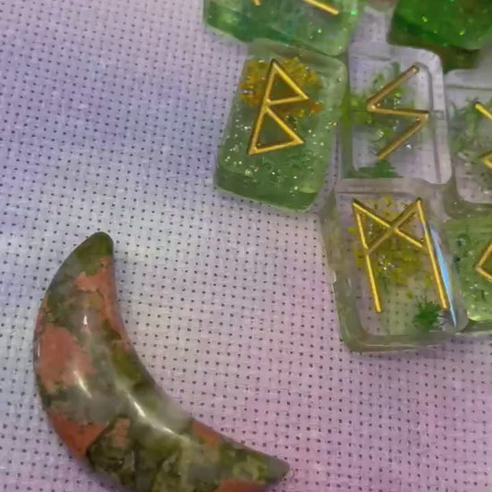 Elder Futhark Green Floral Resin Runes Set