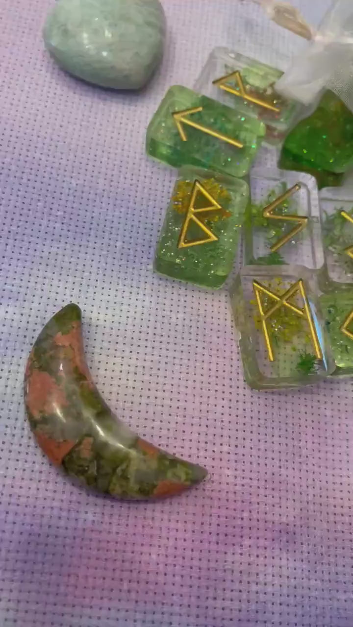 Elder Futhark Green Floral Resin Runes Set