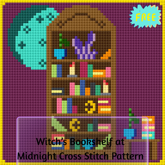 Witch's Bookshelf at Midnight Free Counted Cross Stitch Pattern