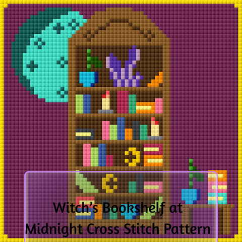Witch's Bookshelf at Midnight Counted Cross Stitch Pattern